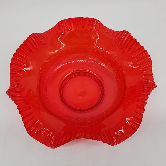 Victorian Antique Red Glass Bowl With Ruffled Edges Decorative Centerpiece - Picture 3 of 7